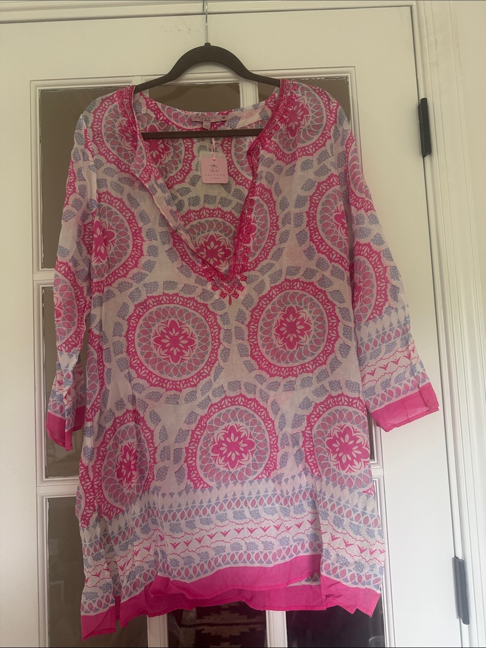 Calypso St. Barth bermia NWT Pink and White Printed V-Neck Tunic